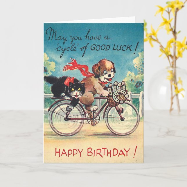 Vintage Cute Cat And Dogs  Card (Yellow Flower)