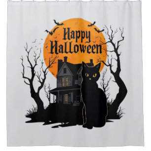 Vintage Cute Cat Bat Happy Halloween  Shower Curtain