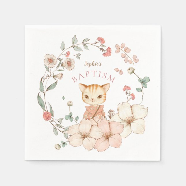 Vintage Cute Cat Blush Flowers Girl Baptism Napkin (Front)