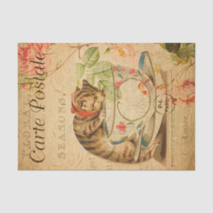 Vintage Cute Cat Drinking of Tea Cup and Saucer Tissue Paper