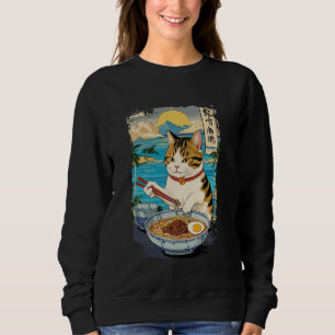 Vintage Cute Cat Eating Japanese Ramen Noodle Men Sweatshirt