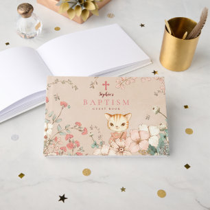 Vintage Cute Cat Flowers Leaves Baby Girl Baptism Guest Book