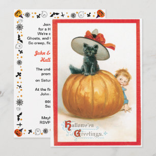 Vintage Cute Cat In A Hat Halloween Invitation
