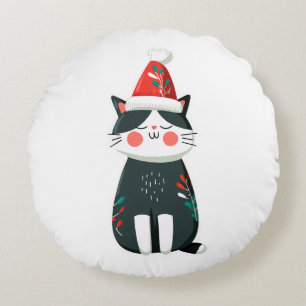 Vintage Cute Cat in Santa Hat – Cosy Christmas Round Cushion