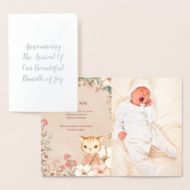 Vintage Cute Cat Photo Girl Birth Announcement (Display)