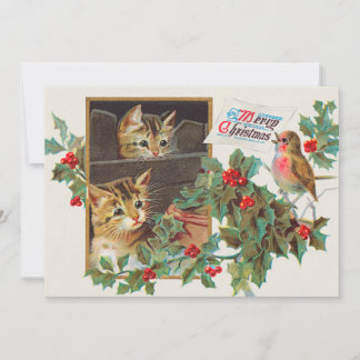 Vintage Cute Cats and Bird Merry Christmas Holiday Card