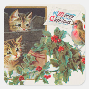 Vintage Cute Cats and Bird Merry Christmas Holiday Square Sticker