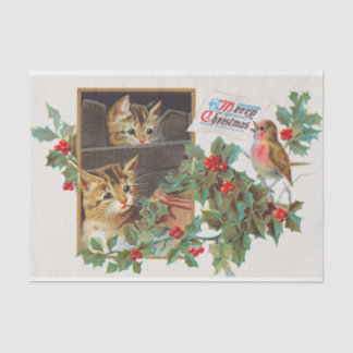 Vintage Cute Cats and Bird Merry Christmas Tissue Paper