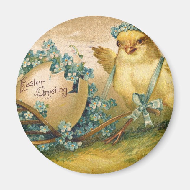 Vintage Cute Chicken with Easter Egg Carriage Magnet (Front)