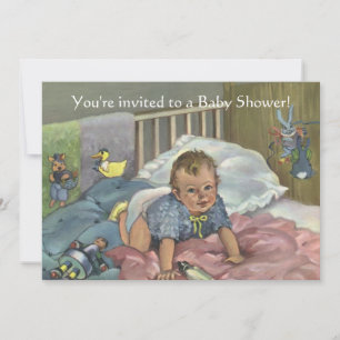 Vintage Cute Child in Crib with Toys Baby Shower Invitation