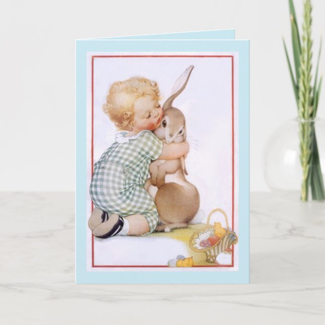 Vintage Cute Child tot & Bunny Rabbit Hugs Card (Front)