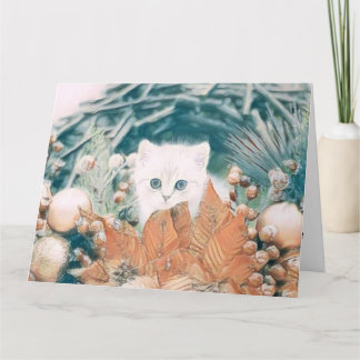 Vintage Cute Christmas Cat Watercolor Card