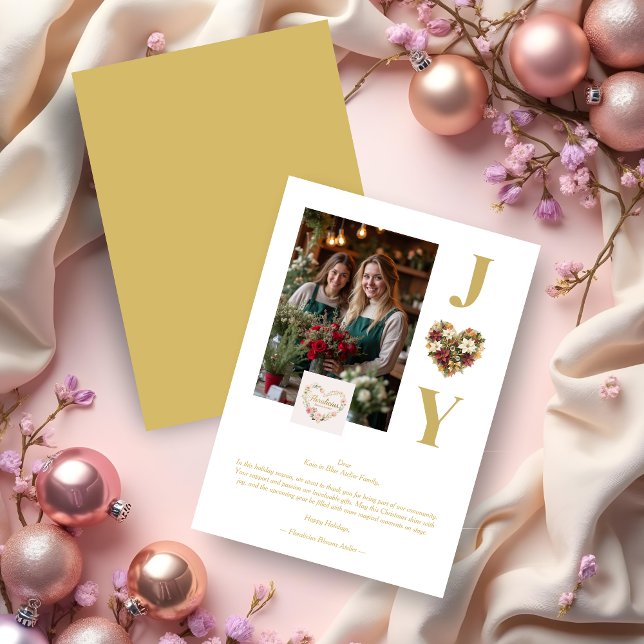 Vintage Cute Christmas Heart Floral Wreath Holiday Card (Vintage Cute Christmas Heart-shape Floral Wreath Gold Business Holiday Cards with Photo. )