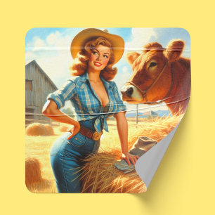 Vintage Cute Cowgirl Pin-up Square Sticker