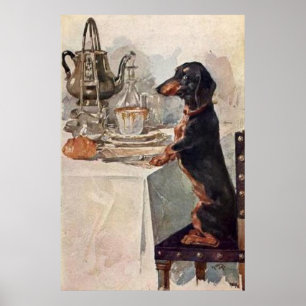 Vintage Cute Dachshund Drinking Tea Poster Print