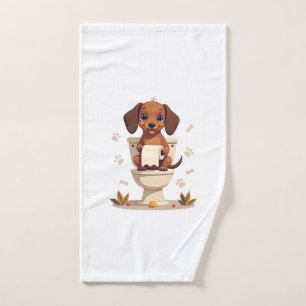 Vintage Cute Dachshund on Toilet Cartoon Bathroom  Hand Towel