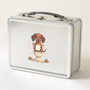 Vintage Cute Dachshund on Toilet Cartoon Bathroom Metal Lunch Box