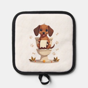 Vintage Cute Dachshund on Toilet Cartoon Bathroom  Pot Holder