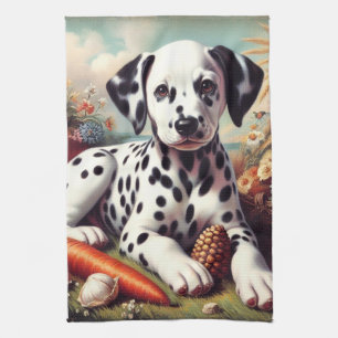 Vintage Cute Dalmatian Painting Tea Towel