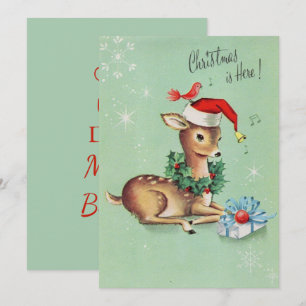 Vintage Cute Deer with Santa Hat Christmas  Holiday Card
