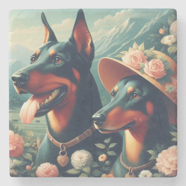 Vintage Cute Doberman Painting Stone Coaster (Front)