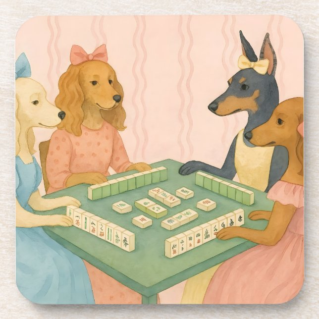Vintage Cute Dogs Playing Mahjong Coaster (Front)