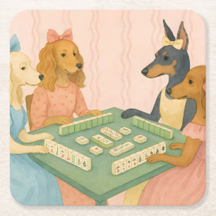 Vintage Cute Dogs Playing Mahjong Square Paper Coaster