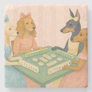 Vintage Cute Dogs Playing Mahjong Stone Coaster