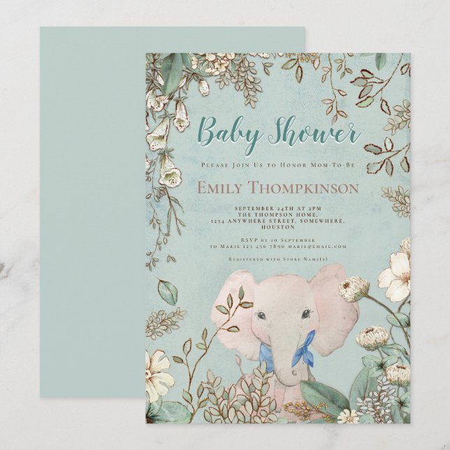 Vintage Cute Elephant Botanical Green Baby Shower Invitation (Front/Back)
