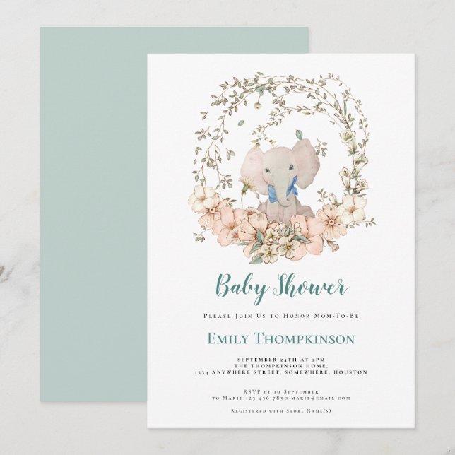 Vintage Cute Elephant Foliage Boy Baby Shower Invitation (Front/Back)