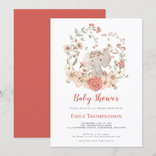 Vintage Cute Elephant Foliage Coral Baby Shower Invitation