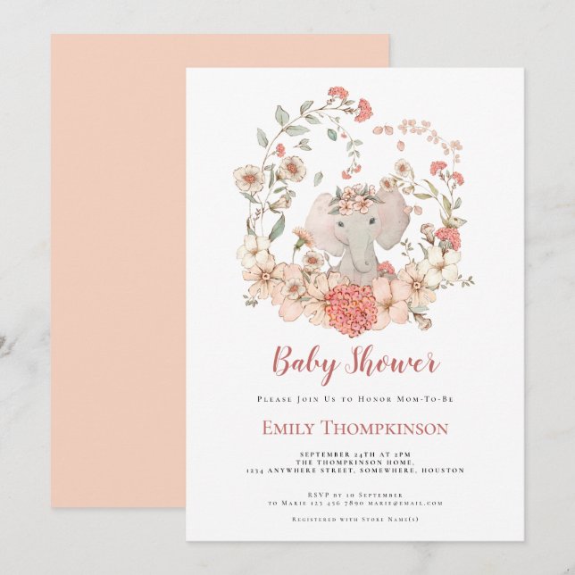 Vintage Cute Elephant Foliage Peach Baby Shower Invitation (Front/Back)