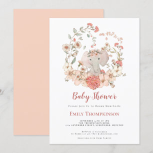 Vintage Cute Elephant Foliage Peach Baby Shower Invitation