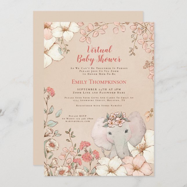 Vintage Cute Elephant Peach Virtual Baby Shower Invitation (Front/Back)