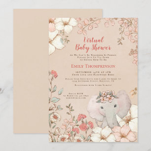 Vintage Cute Elephant Peach Virtual Baby Shower Invitation
