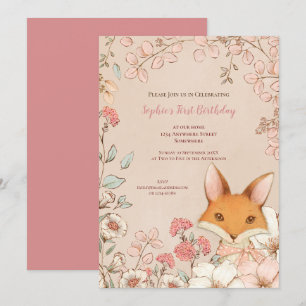 Vintage Cute Fox Floral Leaves 1st Birthday Girl Invitation