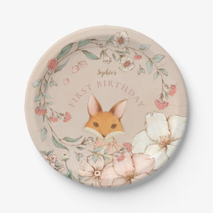 Vintage Cute Fox Florals Girl First Birthday Party Paper Plate