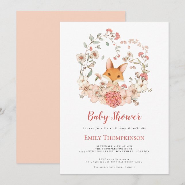 Vintage Cute Fox Foliage Peach Baby Shower Invitation (Front/Back)