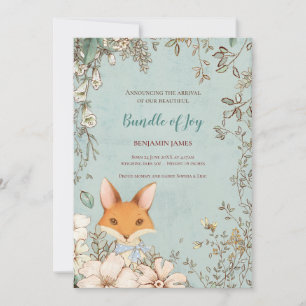 Vintage Cute Fox Photo Leaf Floral Baby Birth Announcement