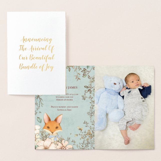 Vintage Cute Fox Photo Script Birth Announcement (Display)