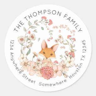 Vintage Cute Fox Pink Floral Return Name Address Classic Round Sticker