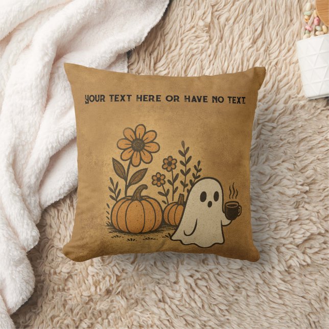 Vintage Cute Ghost Flowers & Pumpkin Spice Coffee Cushion (Blanket)