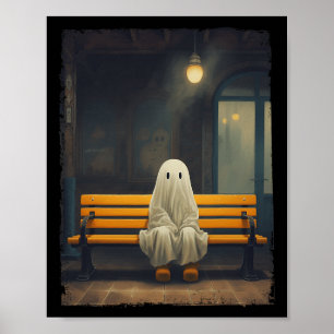 Vintage Cute Ghost Waiting Sitting On Chair Hallow Poster