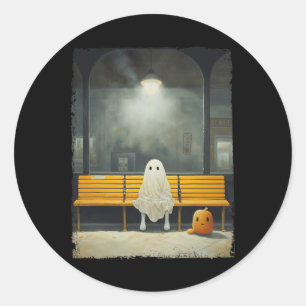 Vintage Cute Ghost Waiting Subway Station Hallowee Classic Round Sticker