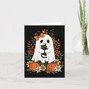 Vintage Cute Ghost With Black Cat And Pumpkins Card