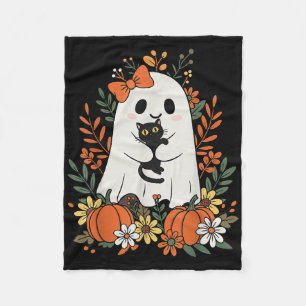 Vintage Cute Ghost With Black Cat And Pumpkins Hal Fleece Blanket