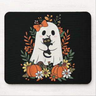 Vintage Cute Ghost With Black Cat And Pumpkins Hal Mouse Mat