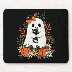 Vintage Cute Ghost With Black Cat And Pumpkins Mouse Mat