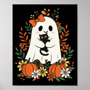 Vintage Cute Ghost With Black Cat And Pumpkins Poster