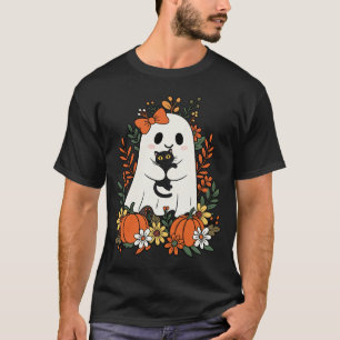 Vintage Cute Ghost With Black Cat And Pumpkins T-Shirt